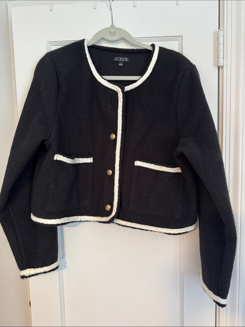 J. Crew Black Bouclé Cropped Jacket with White Braid Trim
